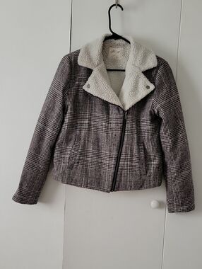 White Crow Plaid Moto Jacket with White Sherpa Collar